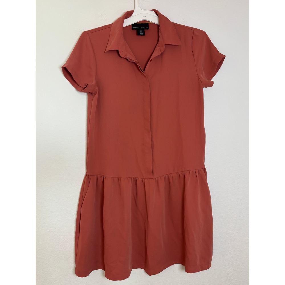 Cynthia Rowley Terracotta Rust Short Sleeve Drop Waist Hidden Button Dress Sz 2